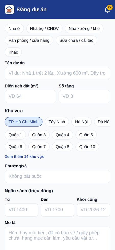 Màn hình đăng dự án